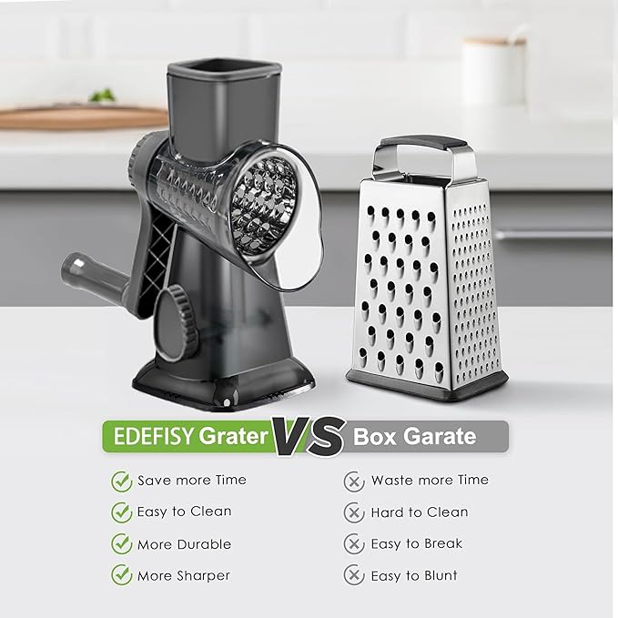 Cheese Grater Hand Crank Rotary Vegetables Shredder with Handle | 3-in-1 Graters, Interchangeable Blades, Non-slip Base, Multifunctional Slicer
