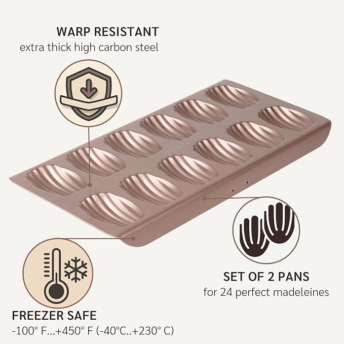 12 Well Madeleine Pan 2-Pack Nonstick, PFOA & BPA Free | | Non-Toxic - High Carbon Steel - Gold - Madeleines Cake Cookie Mold
