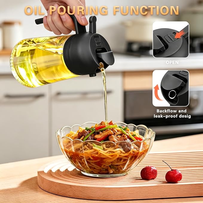 2 in 1 Olive Oil Spray Bottle, 470ml/16oz Glass Oil Sprayer for Home and Kitchen, Olive Oil Dispenser Bottle for Air Fryer, Salad, BBQ (Black)