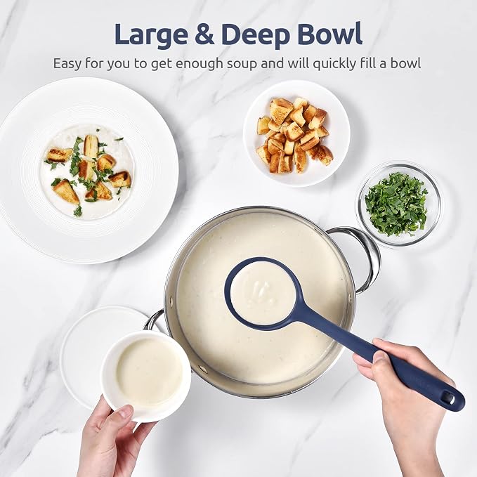 13 inch Silicone Soup Ladle: U-Taste 600ºF Heat Resistant 4 oz Large Non-stick Seamless Rubber Kitchen Deep Serving Spoon with Non Slip Long Handle for Cooking Sauce Stews Gravy (Midnight Blue)