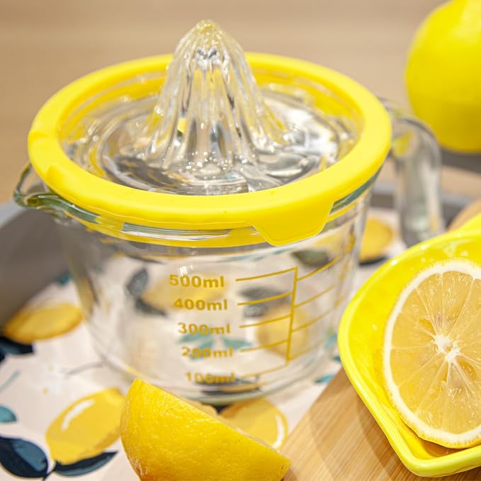 Cartman Glass Citrus Lemon Orange Juicer, Yellow Manual Hand Squeezer, Glass Citrus Reamer, Lemon and Lime Manual Squeezer,Kitchen tool,Ounce Measuring Cup