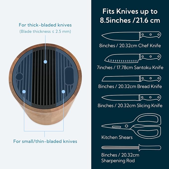 KITCHENDAO Universal Knife Block Without Knives, Acacia Wood Knife Holder, Space-Saving Round Knife Storage Organizer for Countertop, with Slots for Scissors and Sharpening Rod