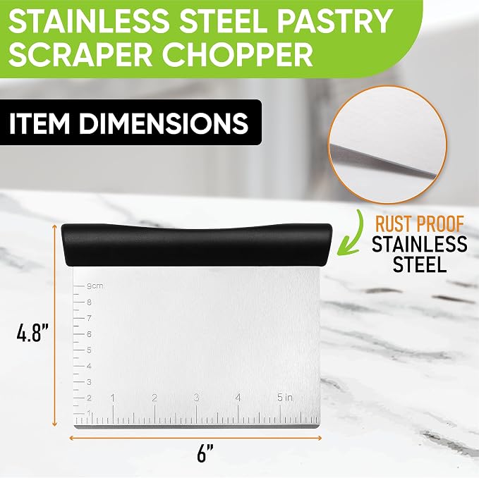 Spring Chef Dough Bench Scraper for Baking with Markings - Stainless Steel Kitchen Dough Cutter Tool with Bowl Pastry Scraper for Pizza, Bread, Pastries - Bench Knife - Dishwasher Safe - Black