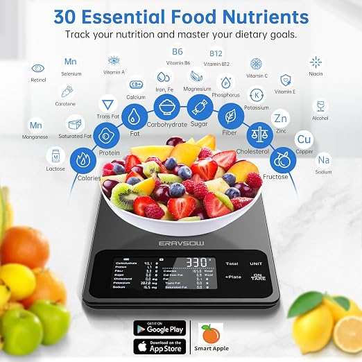 Smart Kitchen Food Scale, Nutrition App Tracks Calorie & Macros, 10kg/22lb | Powered by USDA Database; 30+ Nutrients in App; 12 Stats On-Screen; Visual Progress Charts; Dedicated Coffee Mode