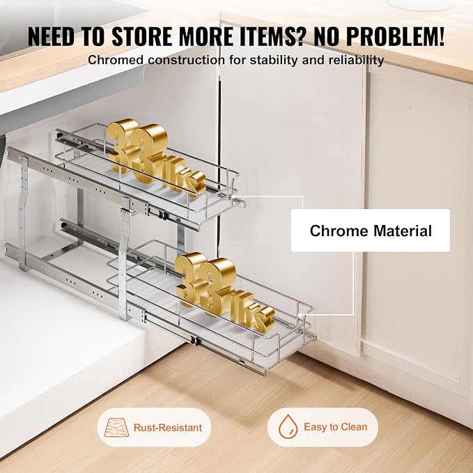 VEVOR Pull Out Cabinet Organizer,8.5" W x 21" D x15.2 HHeavy Duty Slide Out Pantry Shelves, Chrome-Plated Steel Roll Out Drawers for Home, 10" Wx22 Dx19 H Inside Kitchen Cabinet, Bathroom, Under Sink