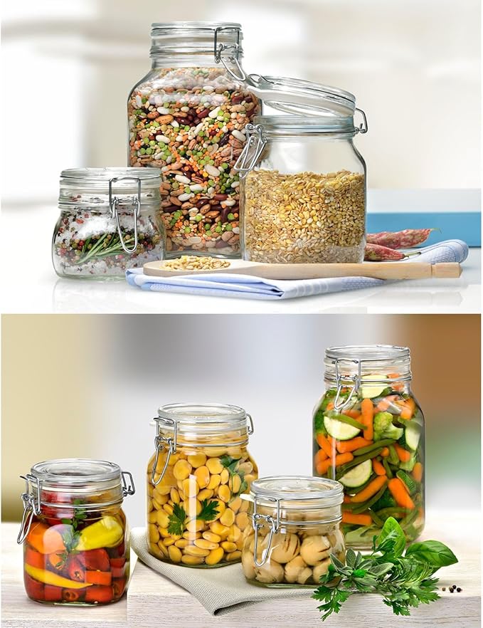 Bormioli Rocco Fido 17.5 Ounce Glass Storage Jars: Airtight Hinged Lid With Leak Proof Gasket, Wide Mouth Food Container - For Zero Waste Air Tight Preserving Jam, Spices, Coffee, Sugar & Herbs