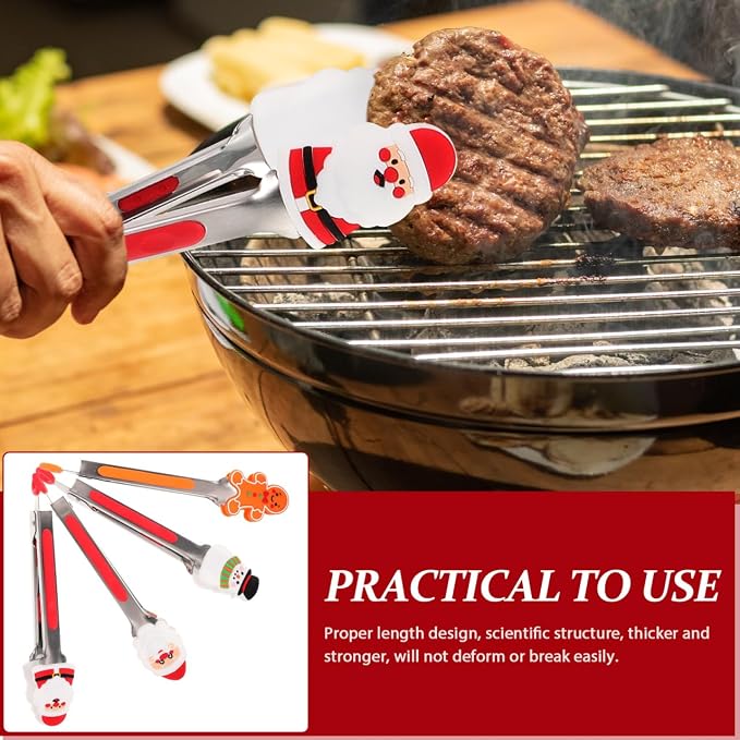 4PCS Christmas Silicone Mini Tongs, 8 Inch Christmas Style Tongs, Small Colourful for Serving Food, Ice Cube, fruits, Sugar