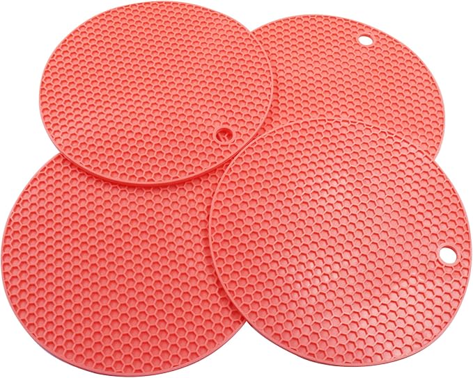 4 Pack Round Silicone Trivet Mats, Red | Heat Resistant, For Pots, Bowls, and Countertops