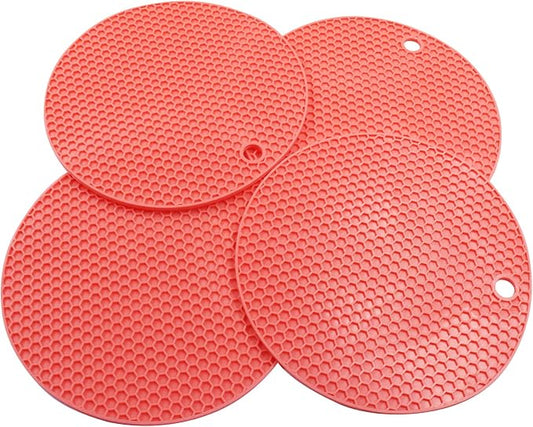 4 Pack Round Silicone Trivet Mats, Red | Heat Resistant, For Pots, Bowls, and Countertops