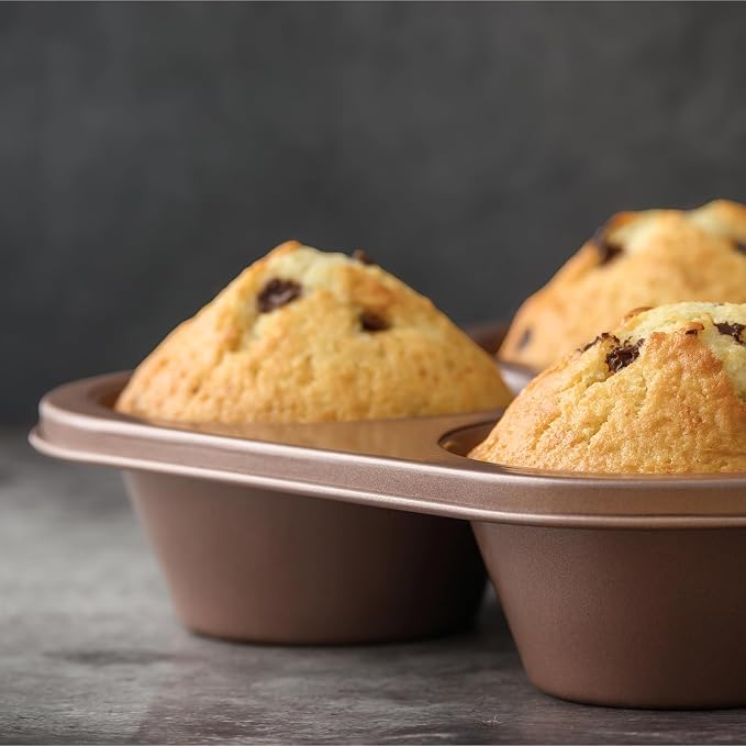 6 Cup Jumbo Muffin Pan Nonstick, PFOA & BPA Free | | Non-Toxic - High Carbon Steel - Gold - Large Cupcake Tin for Oven Baking