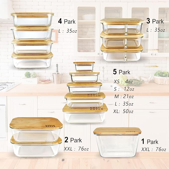 Glass Containers with Bamboo Lids, Bamboo Meal Prep Storage Containers with Lids, Oven, Freezer, Microwave Safe, Pack of 4, 35oz