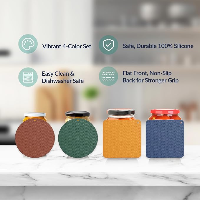 NiHome Jar Opener Gripper Pads, 6in Silicone for Seniors, 4-Pack | Multiple Vintage Colors & Set Options, Palm-Textured with Hang Holes, Square and Round Shapes, Dishwasher Safe Coaster