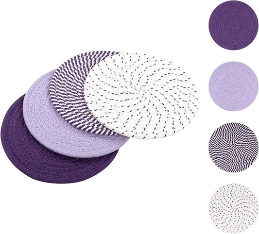 SHACOS 8 Inches Trivets for Hot Dishes, 4 Pieces Cotton Trivets Mats for Kitchen, Hot Pads for Countertops and Table, Heat-Resistant Pot Holders for Hot Pots and Pans(Purple, 4pcs)