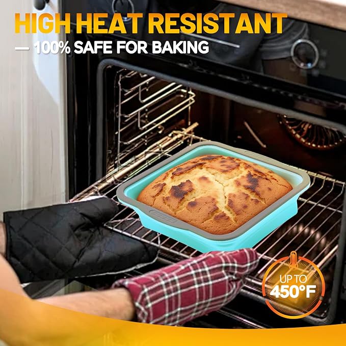 7x7 Silicone Square Cake Pan with Metal Reinforced Edge, Nonstick Brownie Baking Pan, BPA Free, Oven Safe Flexible Silicone Mold, Suitable for Making Cakes, Brownies, Bread, Pie, Lasagna