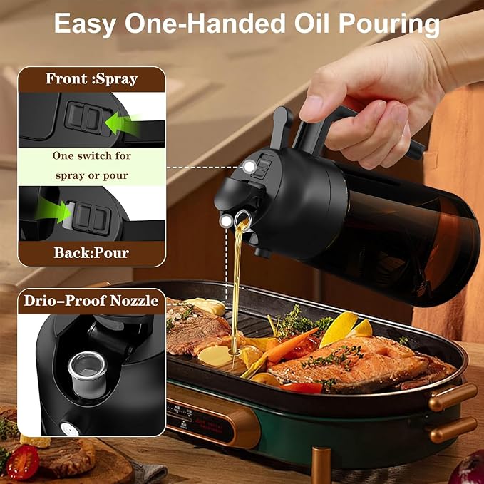 Oliver Oil Sprayer Dispenser for Cooking Bottle 16oz Dark Glass Green | 2-in-1 Lightproof Borosilicate Glass Oil Bottle, Wide Mouth for Easy Refill Clean