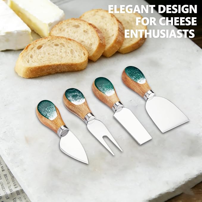 Cheese Knives Set with Wooden and Resin Handle, Mini Steel Stainless Cheese Knife with Wood Set for Charcuterie and Cheese Spread, Perfect for Cheese Slicer and Butter Cutter (Green, 4pcs)