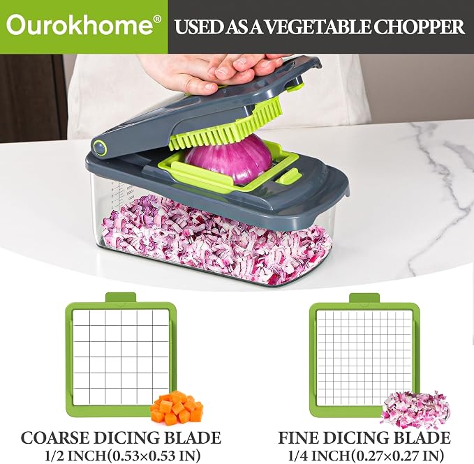 Ourokhome Veggie Chopper and Dicer with Container, Manual Hand Food Mandolin Slicer with 4 in 1 Handheld Vegetable Spiralizer for Zucchini, Potato, Onion, Essential Kitchen Gadgets (12 in 1, Gray)