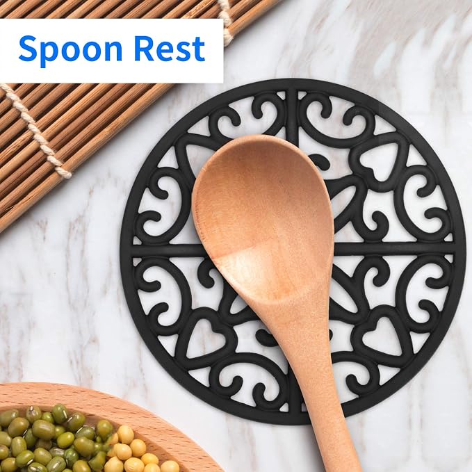 3PCS Heat Resistant Silicone Trivet Mats for Hot Dishes, Black | Flexible, Non-Slip, Modern Kitchen Trivets Protects Table & Countertop, For Teapots Pans Bowls, Daily Kitchen Use