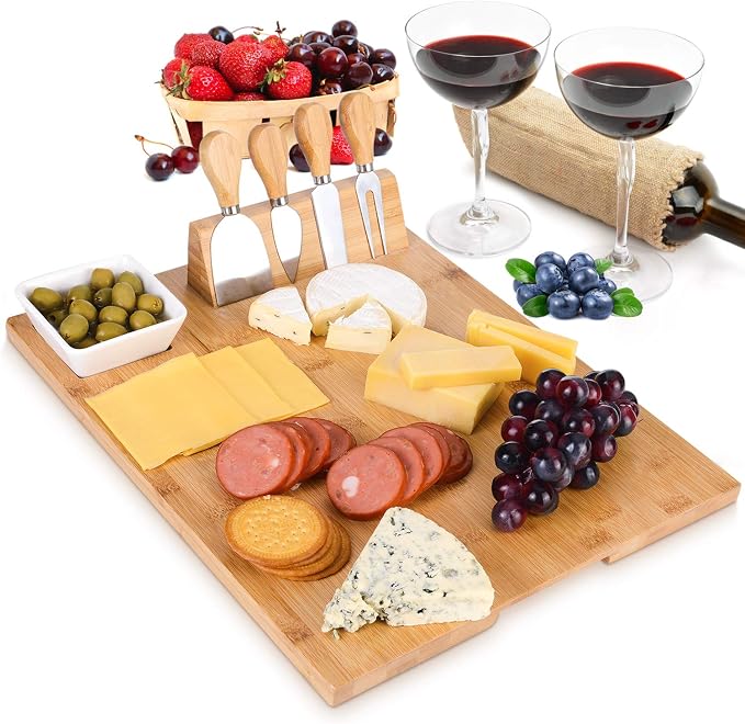 M MH ZONE Bamboo Cheese Board Set (Upgrade Type 16" x 13") Charcuterie Board with 4 Specialist Stainless Steel Knife and Ceramic Dish, Perfect Christmas Gifts for Family, Friend or Lover