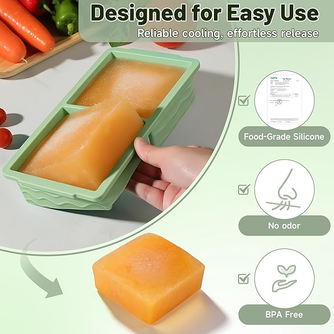 3-Pack Silicone Freezer Trays with Lid, Soup Freezer Container Molds, Silicone Freezer Molds, Ice Cube Tray for freezing Soup Sauce Broth Leftovers, Dishwasher & Oven Safe, BPA Free (2-cup,green)