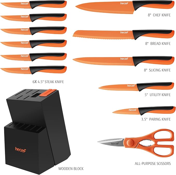 hecef 14 Pieces Kitchen Knife Set with Built-in Sharpening Wooden Block, Dishwasher Safe, High Carbon Stainless Steel Knife Block Set with Steak Knives, Kitchen Scissors (Orange)