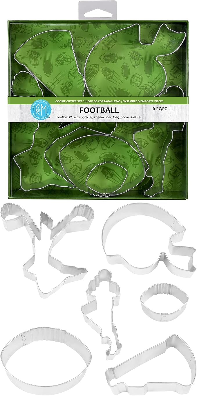 R&M International Football Cookie Cutters, 2 Footballs, Player, Helmet, Cheerleader, Megaphone, 6-Piece Set