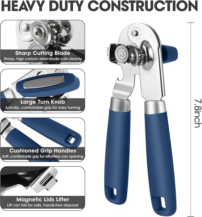 UHIYEE Classic Manual Can Opener for Home Kitchen, Durable 420J2 Stainless Steel Handheld Opener with Magnetic Lid Lifter & Easy-Turn Oversized Knob for Arthritis, Blue