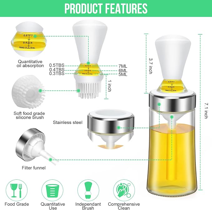 Olive Oil Sprayer and Dispenser with Silicone Brush for Cooking, Spray Bottle Set, Glass Dispenser, Mister, Salad, BBQ, Kitchen Baking, Roasting, Air Fryer, 2 Pack, (KP02)