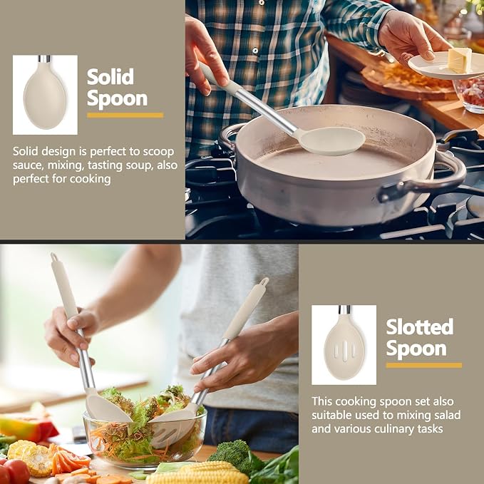 P&P CHEF Khaki Kitchen Cooking Utensil Set of 4, Silicone Solid Spatulas Slotted Spoons Turners for Non-stick Cookware Flipping Mixing, Heat-proof