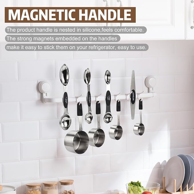 Magnetic Measuring cups and spoons Set, 5 Stainless Steel Magnetic Measuring Cup and 8 Double Sided Measuring Spoons with 1 Leveler，Kitchen Gadgets for Cooking & Baking
