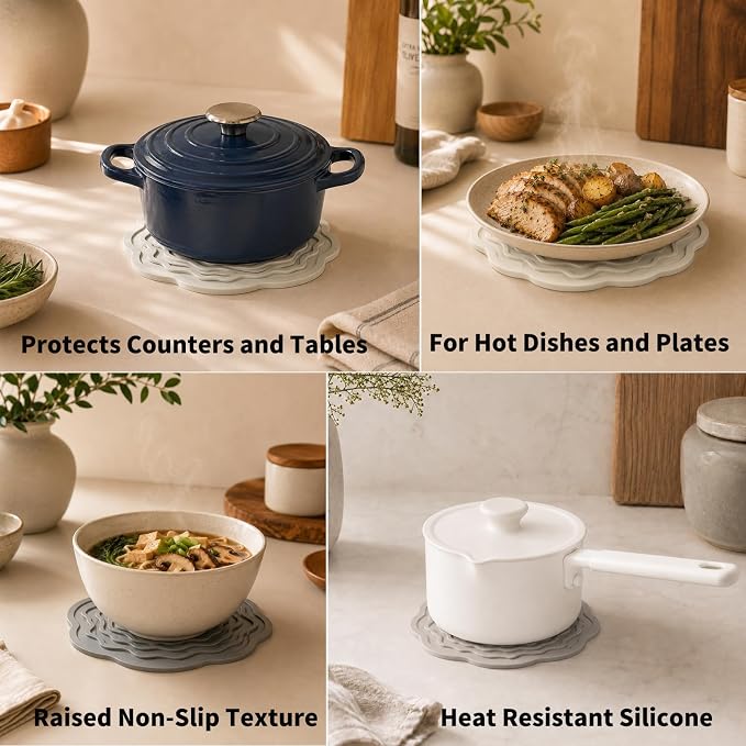 10+7 Inch Silicone Trivets for Hot Dishes Pots Pans, Hot Pads for Kitchen | One 10 inch mat plus two 7 inch mats protect counters and tables under Dutch ovens, bowls, teapots and microwave meals.