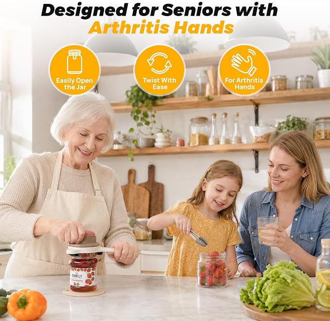Jar Opener for Seniors with Arthritis & Weak Hands -Csailvoy-Bottle Opener | Stainless Steel 3-Claw Grip 4 in 1 Multi-Purpose Jar Opener, Adjustable 1-3.5 Inch for Jars & Bottle Caps, Open Tight Lids