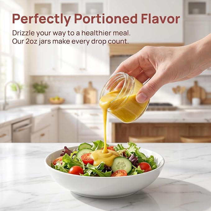 2oz Glass Dressing Containers With Lids, Sauce Jars for Lunch, 12pk | Airtight ,BPA Free,Perfect for to go lunch box Accessories , Dishwansher safe