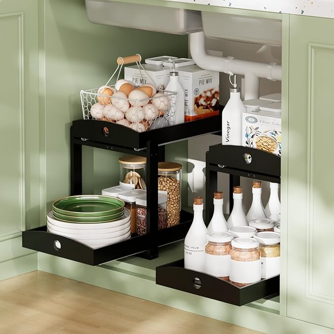 2 Pack Bamboo Under Sink Organizer, 2-Tier Pull-Out Drawers, Kitchen & Bath | Pull-out drawers keep cleaners and tall bottles visible, organized and easy to reach in kitchen or bathroom cabinets