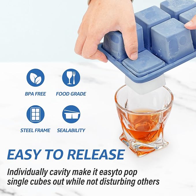 mossime Large Ice Cube Molds: 3pack Square Whiskey Silicone Ice Cube Trays With Lid - Old Fashioned Cocktail Big Ice Cube Tray- 2inch Easy Release Freezer Maker for Food Soup & Juice