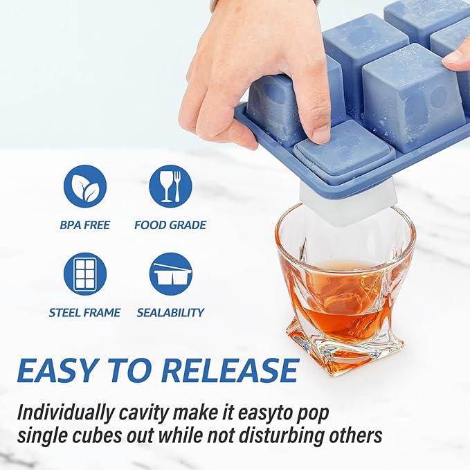 mossime Silicone Ice Cube Tray: 4pack Square Whiskey Large Ice Cube Molds - Old Fashioned Ice Cube Trays with Lid - 2inch Easy Release Big Freezer Mold for Cocktail Food Soup & Juice