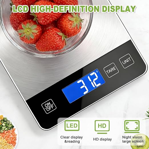 Digital Kitchen Scale, 33lb Food Scale Precisely Measures Grams and Ounces for Baking, Cooking, and Meal Prep, Rechargeable 304 Stainless Steel with LCD Display, Batteries and USB Charging Included
