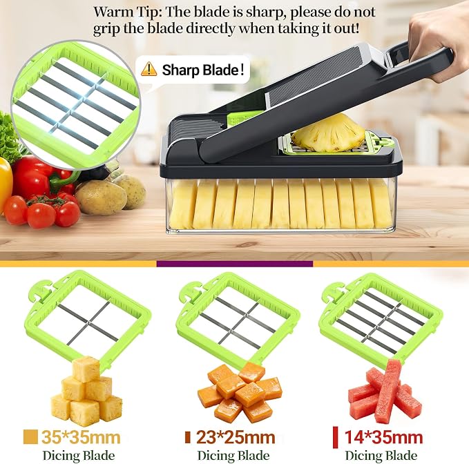 StoreHappily 12-in-1 Vegetable Chopper, 10 Blades Veggie Chopper with Container and Lid, Dicer, Slicer, Multifunctional Kitchen Gadgets, Vegetable Cutter with Handle, Onion Cutter(Green/Grey)