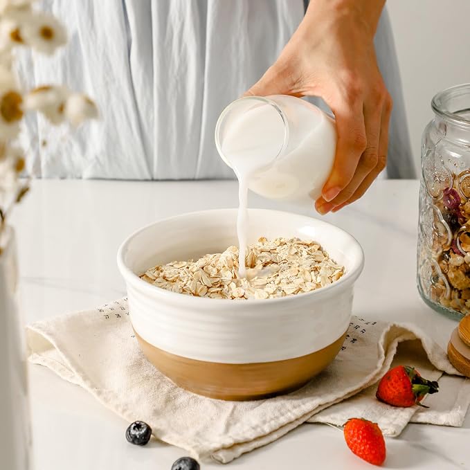 HASENSE Ceramic Cereal Bowls, 20 OZ Soup Bowls for Kitchen, White Bowls Dishwasher and Microwave Safe, Stackable Bowl Set for Pasta Oatmeal Rice Ice Cream, Colorblocked Design Dessert Bowls, Set of 6