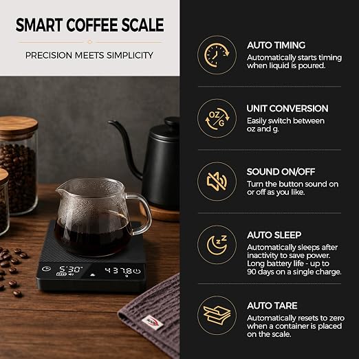 IKAPE Espresso Coffee Scale with Timer, 2kg/0.1g High Precision Digital Scale with Silicone Mat, 4 Modes in One, LED Display, Auto-Tare, for Kitchen, Cooking, Espresso, Pour Over Coffee