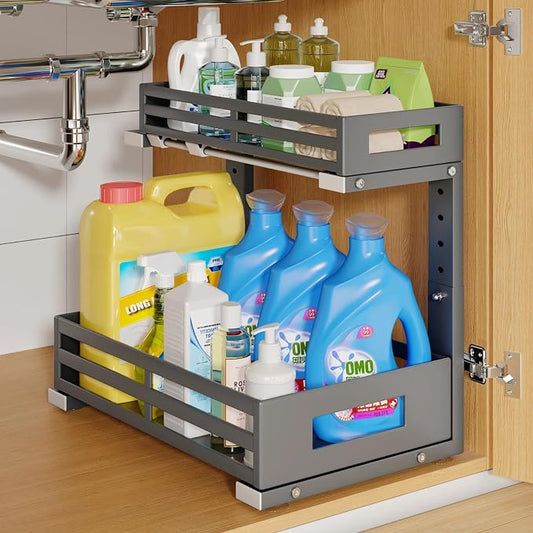 1-Pack Under Sink Organizers and Storage,2-Tier L Shape Pull Out Cabinet Organizer With Round Tube Slide Rails,Hight Adjustable Slide Out Drawers for Kitchen&Bathroom,Multi-Purpose Storage Shelf-Gray