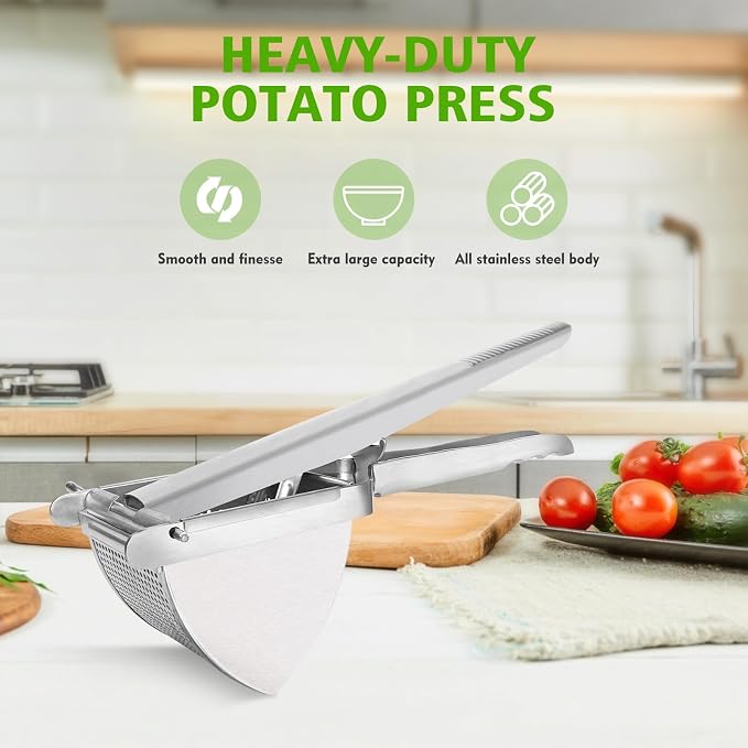LHS Heavy Duty Potato Ricer and Masher, Stainless Steel Potato Masher, Business Fruit Masher and Food Press for Commercial and Home Use, 2 Sides Holes