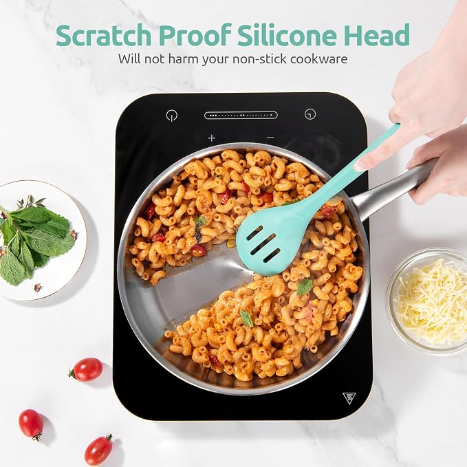 13.3" Slotted Cooking Spoon: U-Taste 600ºF Heat Resistant Kitchen Mixing Spoon, Food Grade Nonstick Long and Large Rubber Soup Utensil for Serving, Stirring, Basting, for Pot Cookware (Aqua Sky)