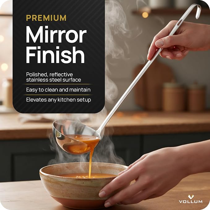 Vollum Metal Ladle Stainless Steel – Heavy Duty One-Piece Large Soup Ladle with Long Handle for Gravy, Stew, Sauce – Kitchen Utensils for Cooking - 12 Ounce (4.5" Bowl Diameter, 16" Handle Length)