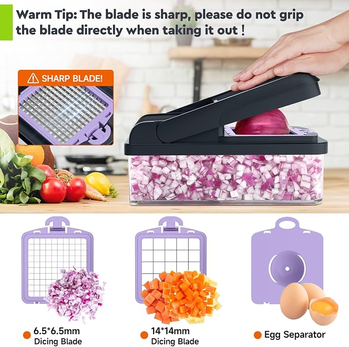 MealHelper 12-in-1 Vegetable Chopper, 7 Blade Veggie Chopper, Practical Food Chopper with Container, Cheese Grater, Home Essentials & Kitchen Gadgets(Purple)