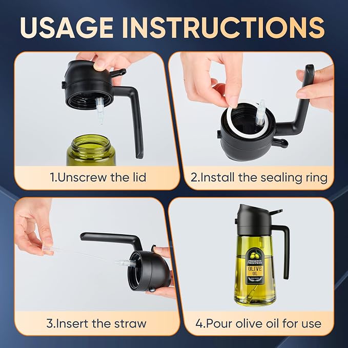2 in 1 Olive Oil Sprayer for Cooking, 16 Oz Olive Oil Dispenser Bottle for Kitchen, Fits Air Fryers, Salads, BBQ & More