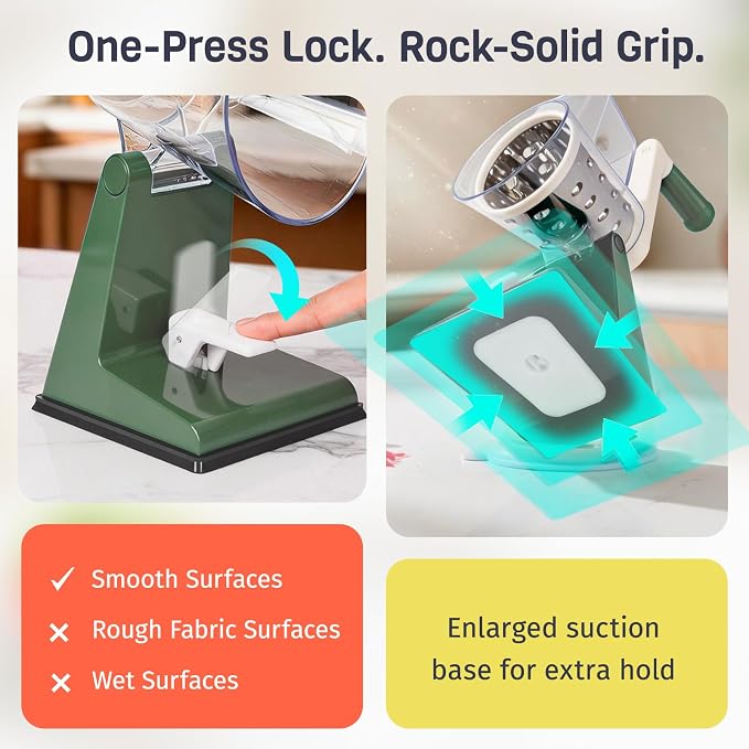 Upgraded Rotary Cheese Grater with 3 Interchangeable Stainless Steel Drums, One-Press Powerful Suction Manual Vegetable Shredder & Slicer for Kitchen, 15pcs Storage Bags Included, Olive Green