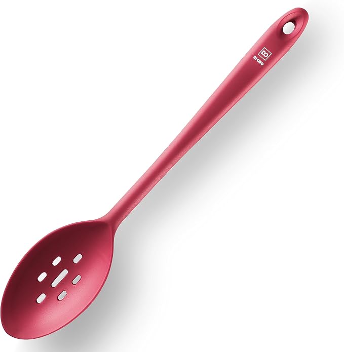DI ORO Silicone Slotted Spoon - 600°F High Heat Silicone Spoon for Cooking Nonstick Cookware Safe - Silicone Kitchen Spoon for Serving & Stirring - Large Spoon for Mixing - Dishwasher Safe (Red)