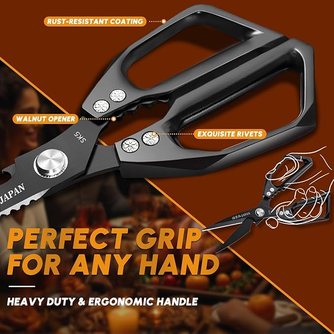 HUUSK Kitchen Scissors Set Black - Stainless Steel Kitchen Shears, Sharp Meat Scissors, Heavy Duty Poultry Shears All Purpose, Japanese Cooking Scissor for Food, Gifts for Men