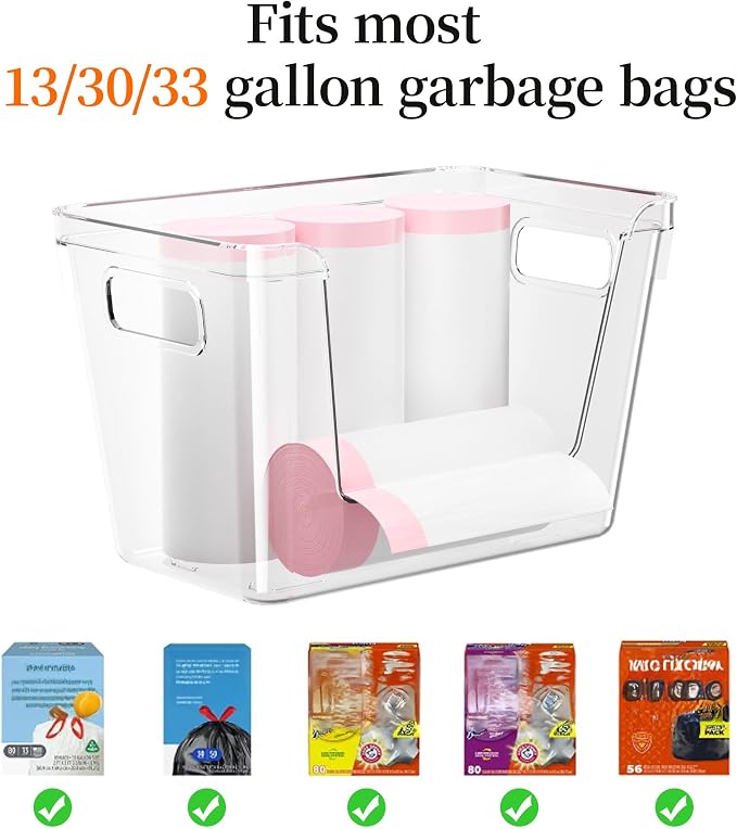 Delamu 2 Pack Trash Bag Dispenser, Stackable Garbage Bag Holder | Clear Acrylic Organizer Bins for Under Sink Organization, Pantry Storage, Cabinet, Kitchen, Laundry, Bathroom
